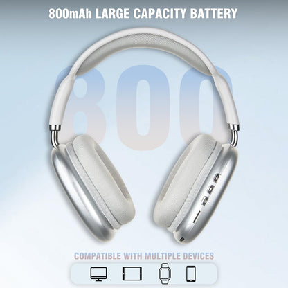 P9 Wireless Bluetooth Headphones with Noise Cancelling HiFi Stereo Over-Ear Headset Home Gym Office Gaming Earphones (White)